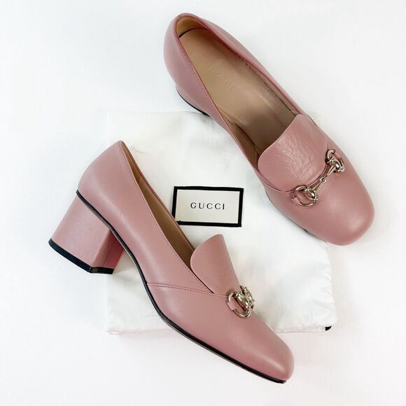 GUCCI Blush Pink Kira Horsebit Square Toe Pump 38 US 8 Leather Block Mid Heel - Picture 2 of 12
